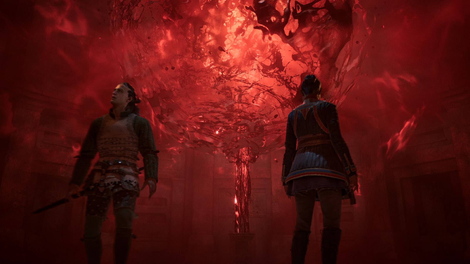 Two characters facing a towering mass of red blood magic, from official footage