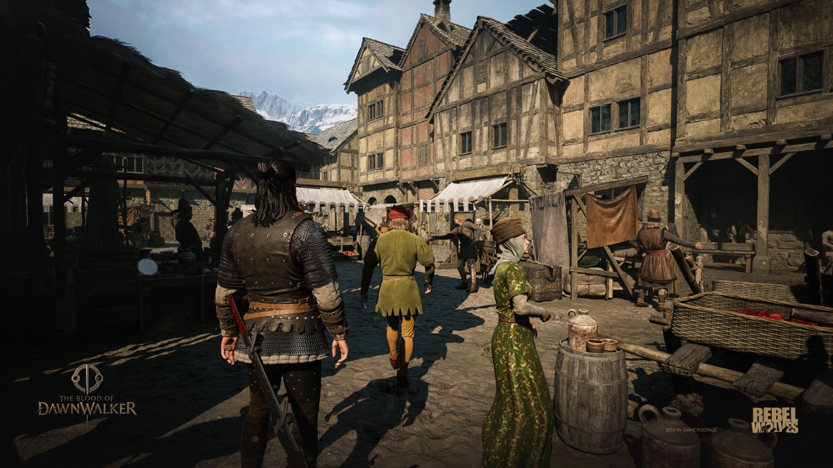 A daylight village street full of people, from official footage