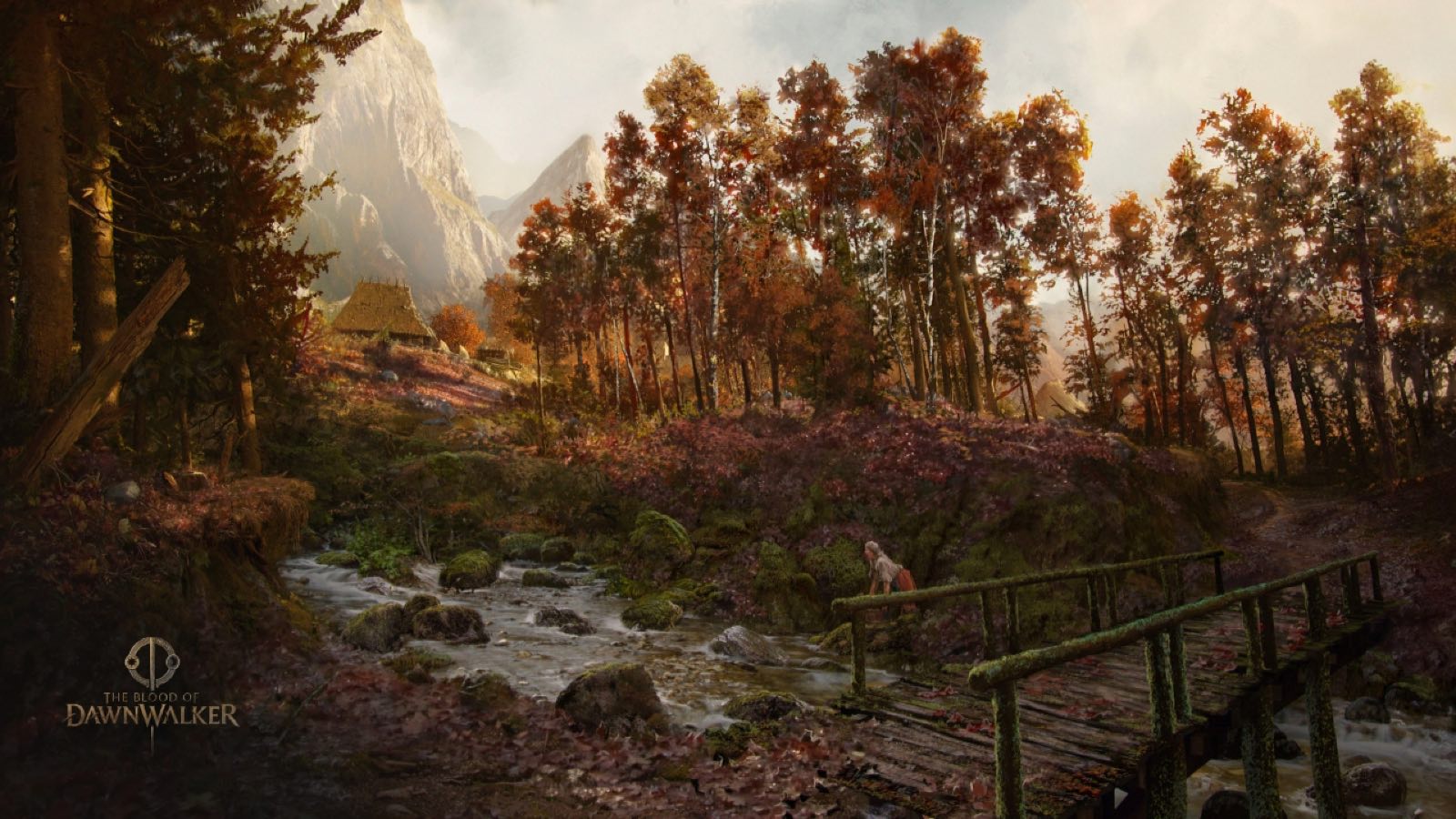 Concept art of Vale Sangora, an autumn valley crossed by a wooden bridge