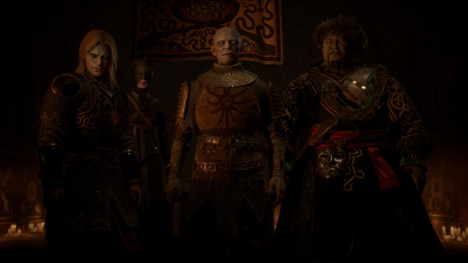 Three armoured figures standing in a dark torchlit hall, from official footage