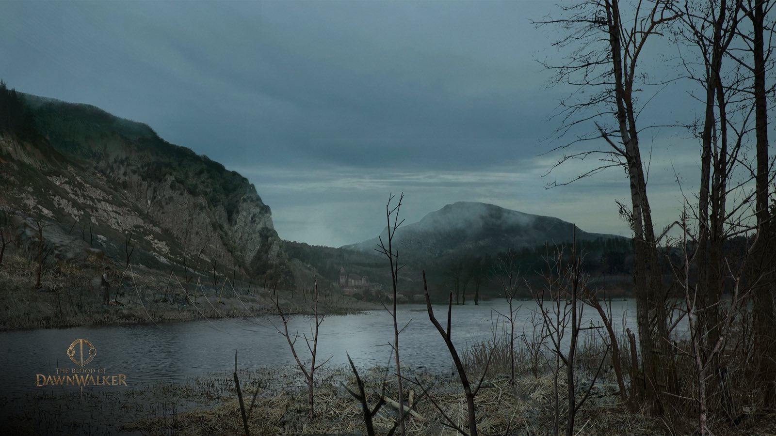 Concept art of a misty lake shore in the valley